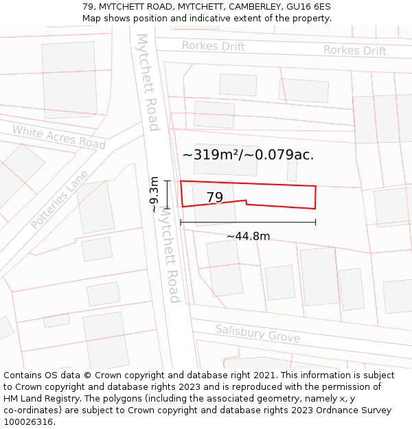 79, MYTCHETT ROAD, MYTCHETT, CAMBERLEY, GU16 6ES: Plot and title map