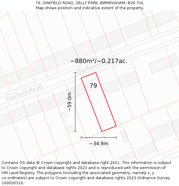 79, OAKFIELD ROAD, SELLY PARK, BIRMINGHAM, B29 7HL: Plot and title map