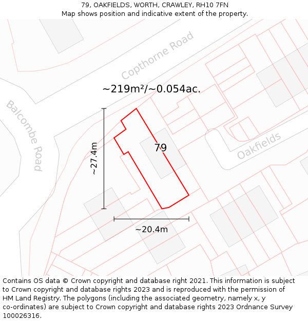 79, OAKFIELDS, WORTH, CRAWLEY, RH10 7FN: Plot and title map