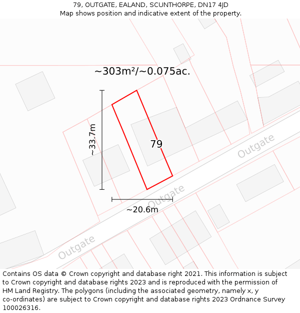 79, OUTGATE, EALAND, SCUNTHORPE, DN17 4JD: Plot and title map