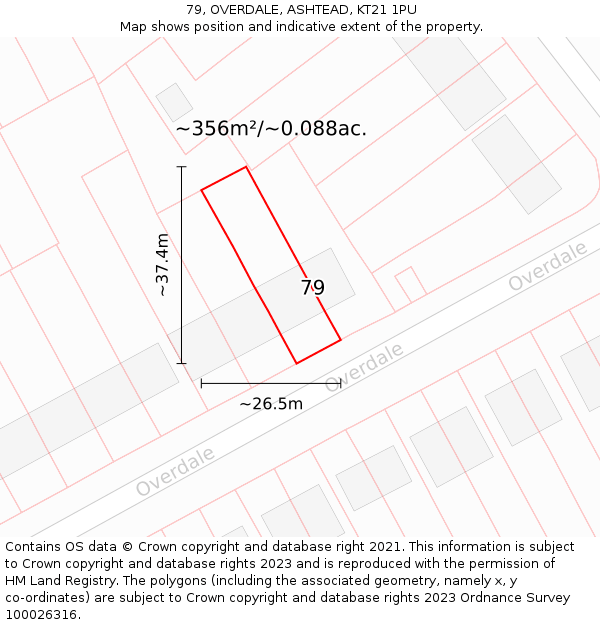 79, OVERDALE, ASHTEAD, KT21 1PU: Plot and title map