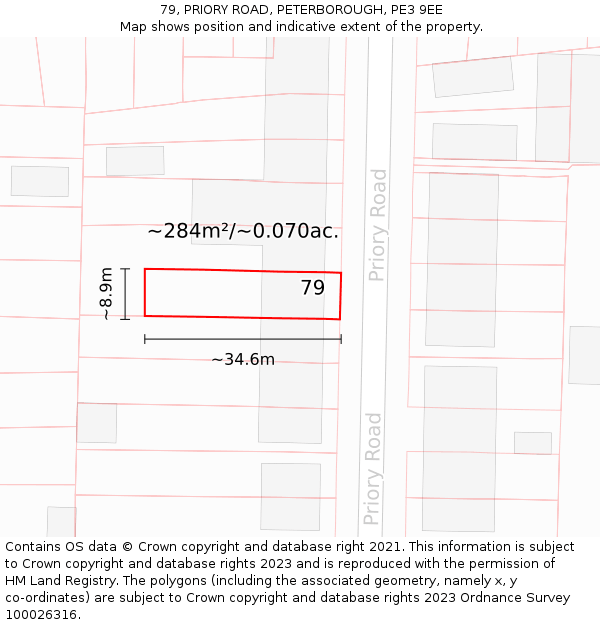 79, PRIORY ROAD, PETERBOROUGH, PE3 9EE: Plot and title map