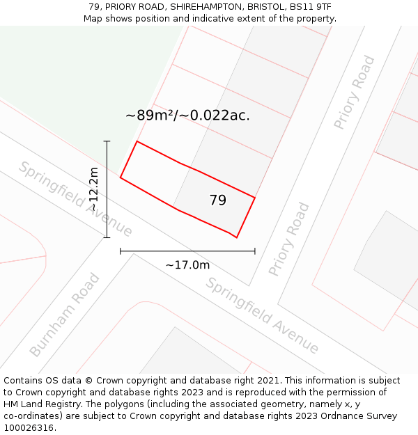 79, PRIORY ROAD, SHIREHAMPTON, BRISTOL, BS11 9TF: Plot and title map
