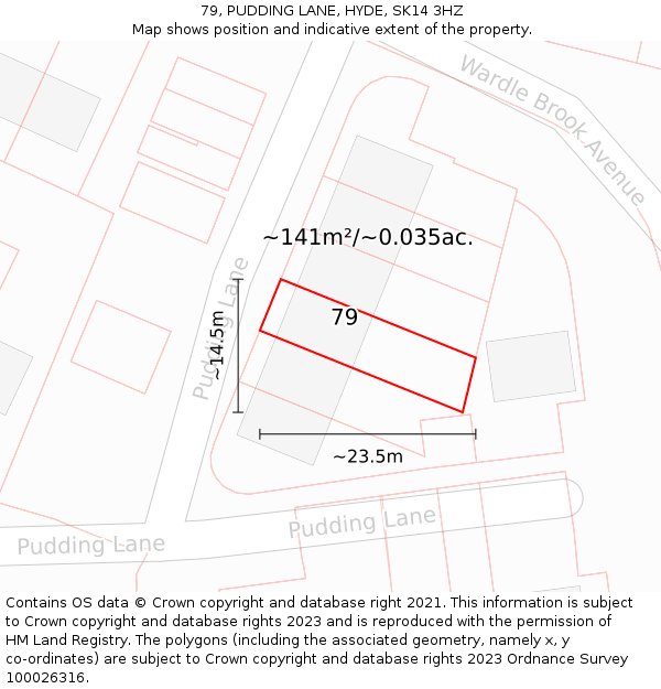 79, PUDDING LANE, HYDE, SK14 3HZ: Plot and title map