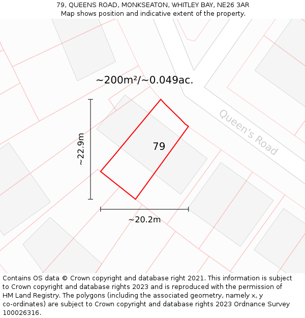 79, QUEENS ROAD, MONKSEATON, WHITLEY BAY, NE26 3AR: Plot and title map
