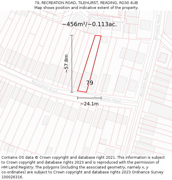 79, RECREATION ROAD, TILEHURST, READING, RG30 4UB: Plot and title map
