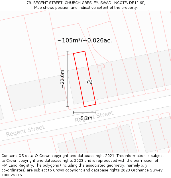 79, REGENT STREET, CHURCH GRESLEY, SWADLINCOTE, DE11 9PJ: Plot and title map