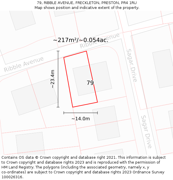79, RIBBLE AVENUE, FRECKLETON, PRESTON, PR4 1RU: Plot and title map