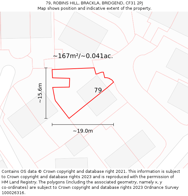 79, ROBINS HILL, BRACKLA, BRIDGEND, CF31 2PJ: Plot and title map