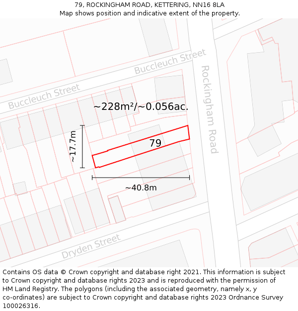 79, ROCKINGHAM ROAD, KETTERING, NN16 8LA: Plot and title map