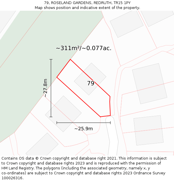 79, ROSELAND GARDENS, REDRUTH, TR15 1PY: Plot and title map