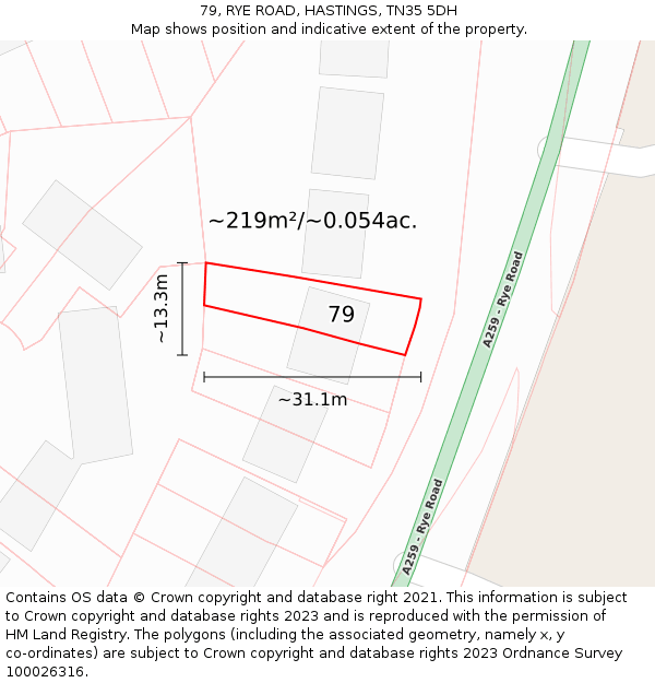 79, RYE ROAD, HASTINGS, TN35 5DH: Plot and title map
