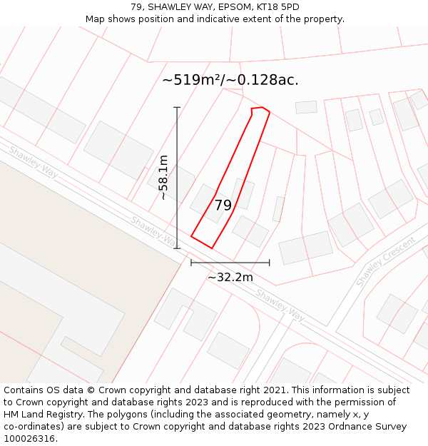 79, SHAWLEY WAY, EPSOM, KT18 5PD: Plot and title map