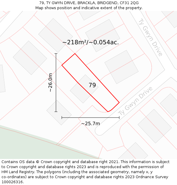 79, TY GWYN DRIVE, BRACKLA, BRIDGEND, CF31 2QG: Plot and title map