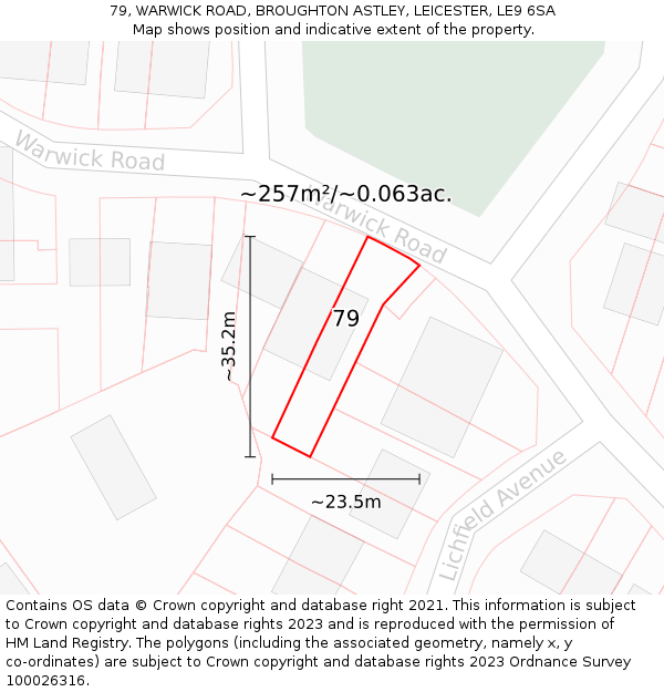 79, WARWICK ROAD, BROUGHTON ASTLEY, LEICESTER, LE9 6SA: Plot and title map