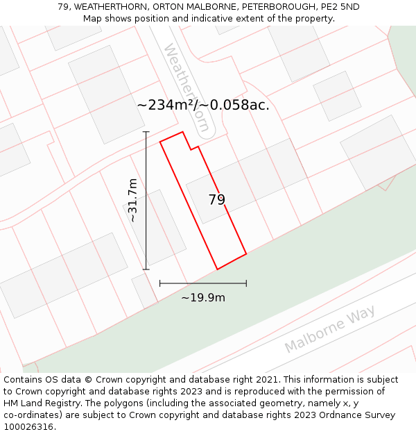 79, WEATHERTHORN, ORTON MALBORNE, PETERBOROUGH, PE2 5ND: Plot and title map