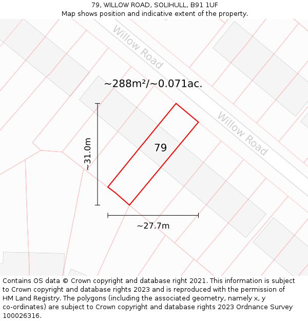 79, WILLOW ROAD, SOLIHULL, B91 1UF: Plot and title map