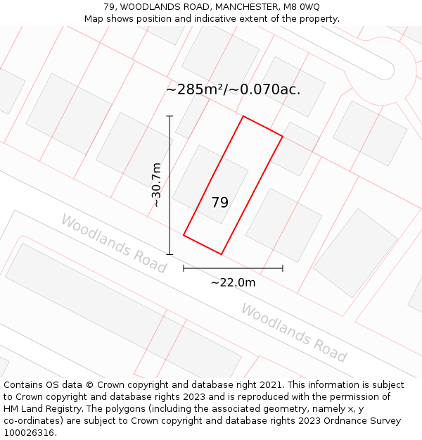 79, WOODLANDS ROAD, MANCHESTER, M8 0WQ: Plot and title map