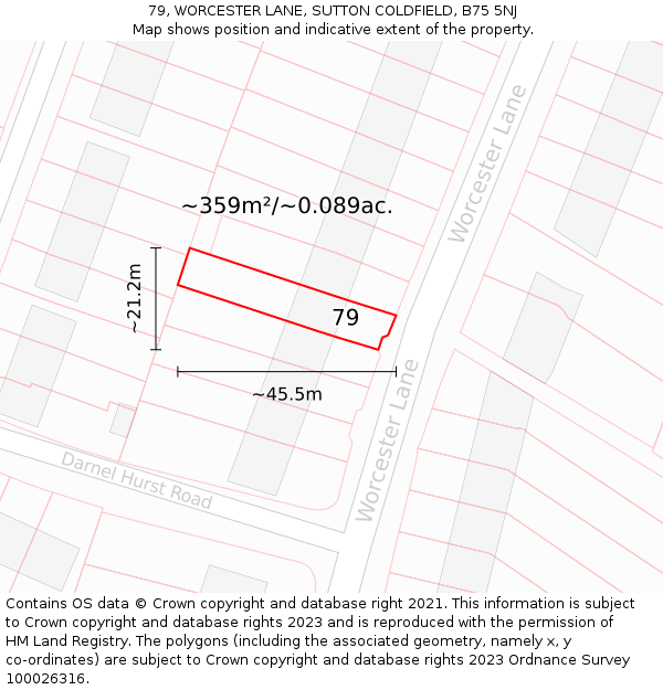 79, WORCESTER LANE, SUTTON COLDFIELD, B75 5NJ: Plot and title map