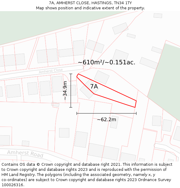 7A, AMHERST CLOSE, HASTINGS, TN34 1TY: Plot and title map