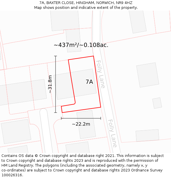 7A, BAXTER CLOSE, HINGHAM, NORWICH, NR9 4HZ: Plot and title map