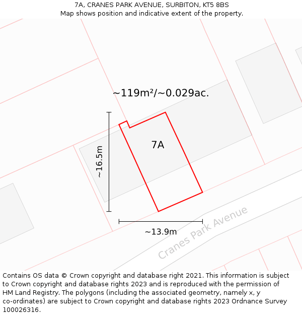 7A, CRANES PARK AVENUE, SURBITON, KT5 8BS: Plot and title map