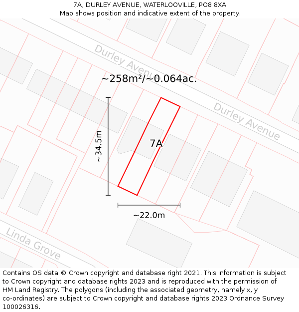 7A, DURLEY AVENUE, WATERLOOVILLE, PO8 8XA: Plot and title map