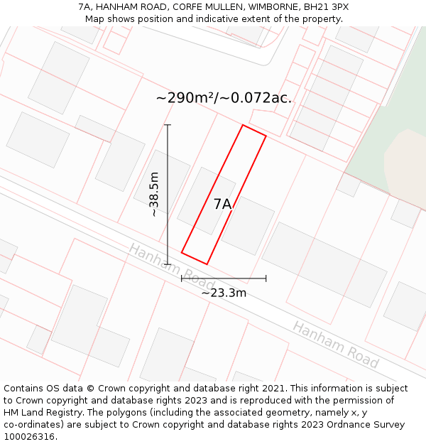7A, HANHAM ROAD, CORFE MULLEN, WIMBORNE, BH21 3PX: Plot and title map