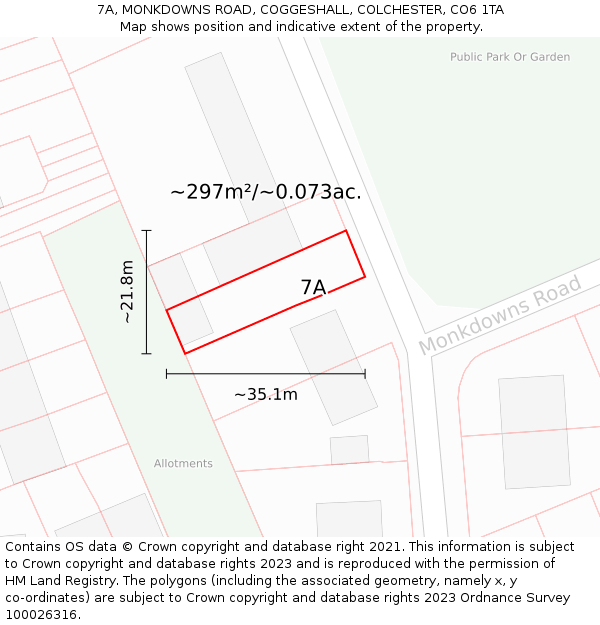 7A, MONKDOWNS ROAD, COGGESHALL, COLCHESTER, CO6 1TA: Plot and title map