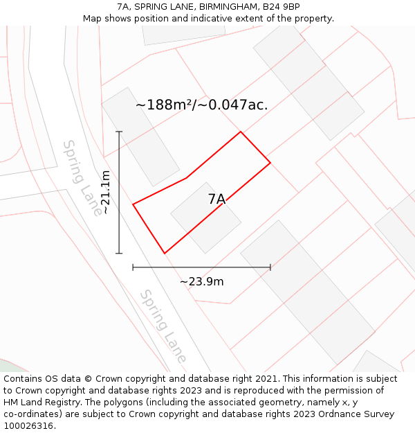 7A, SPRING LANE, BIRMINGHAM, B24 9BP: Plot and title map