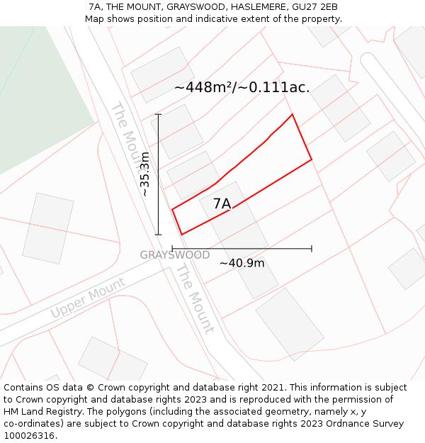 7A, THE MOUNT, GRAYSWOOD, HASLEMERE, GU27 2EB: Plot and title map