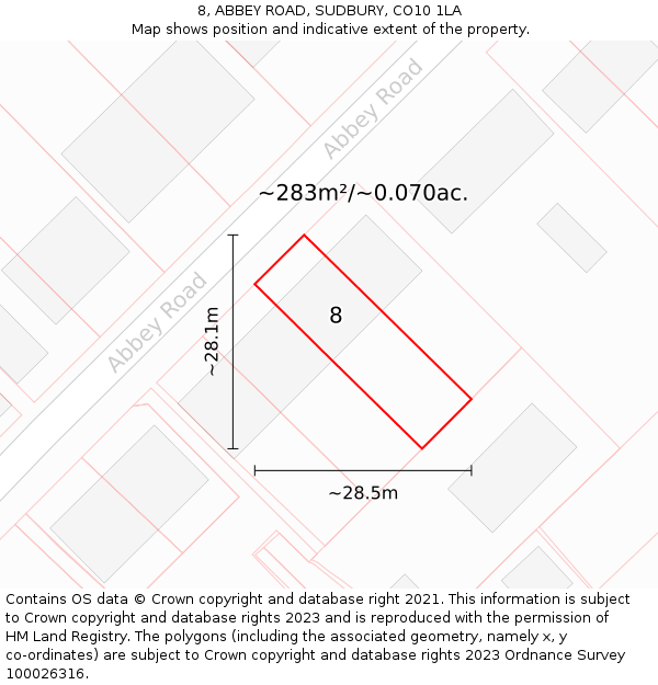 8, ABBEY ROAD, SUDBURY, CO10 1LA: Plot and title map