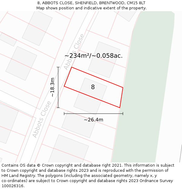 8, ABBOTS CLOSE, SHENFIELD, BRENTWOOD, CM15 8LT: Plot and title map