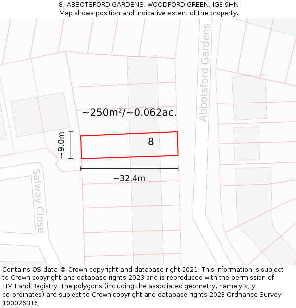 8, ABBOTSFORD GARDENS, WOODFORD GREEN, IG8 9HN: Plot and title map