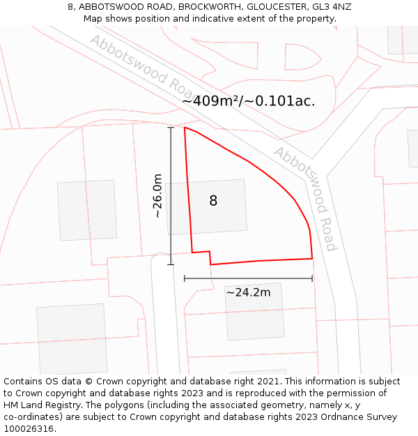 8, ABBOTSWOOD ROAD, BROCKWORTH, GLOUCESTER, GL3 4NZ: Plot and title map