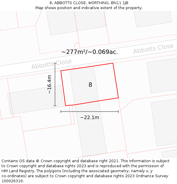 8, ABBOTTS CLOSE, WORTHING, BN11 1JB: Plot and title map