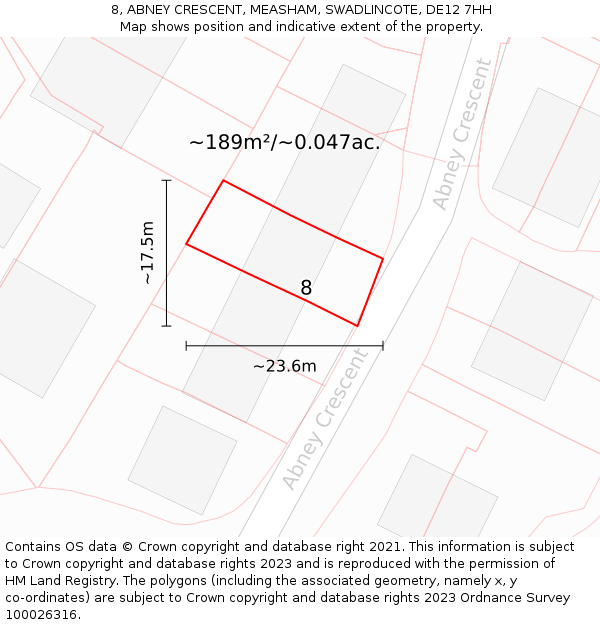 8, ABNEY CRESCENT, MEASHAM, SWADLINCOTE, DE12 7HH: Plot and title map