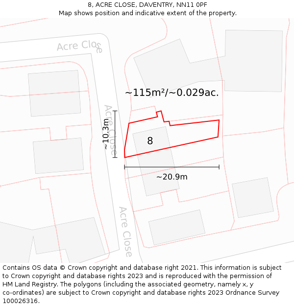 8, ACRE CLOSE, DAVENTRY, NN11 0PF: Plot and title map
