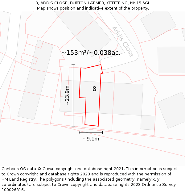 8, ADDIS CLOSE, BURTON LATIMER, KETTERING, NN15 5GL: Plot and title map