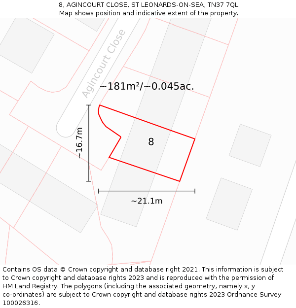 8, AGINCOURT CLOSE, ST LEONARDS-ON-SEA, TN37 7QL: Plot and title map