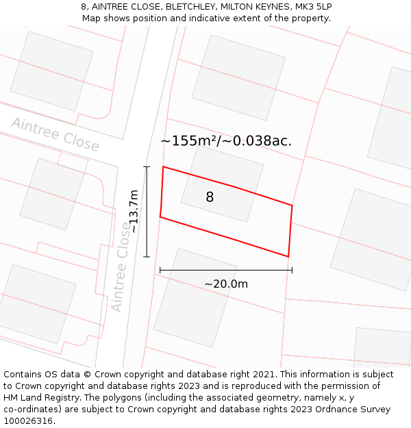 8, AINTREE CLOSE, BLETCHLEY, MILTON KEYNES, MK3 5LP: Plot and title map