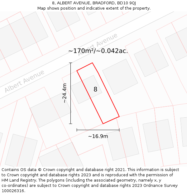 8, ALBERT AVENUE, BRADFORD, BD10 9QJ: Plot and title map