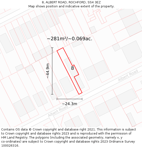8, ALBERT ROAD, ROCHFORD, SS4 3EZ: Plot and title map