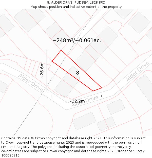 8, ALDER DRIVE, PUDSEY, LS28 8RD: Plot and title map