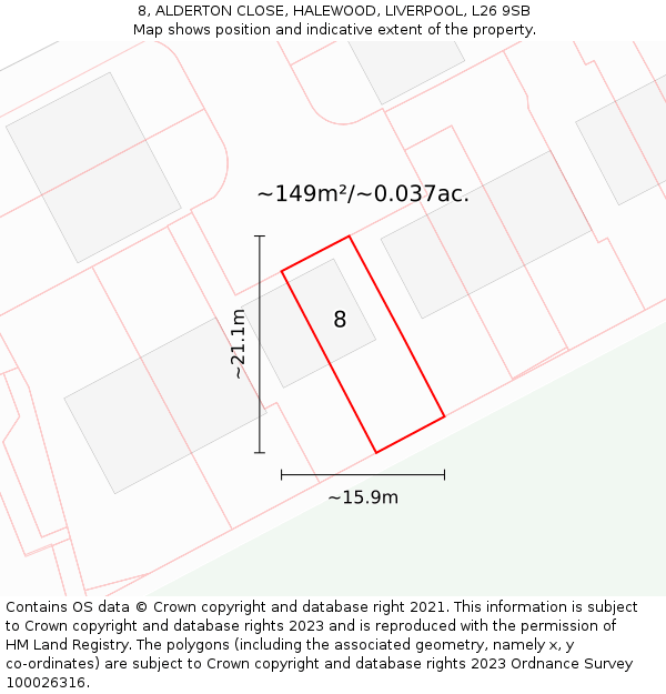 8, ALDERTON CLOSE, HALEWOOD, LIVERPOOL, L26 9SB: Plot and title map