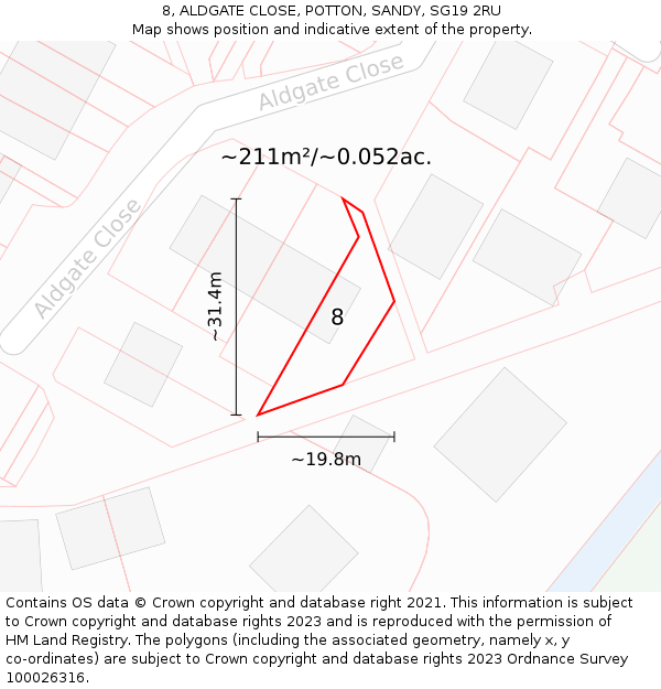 8, ALDGATE CLOSE, POTTON, SANDY, SG19 2RU: Plot and title map