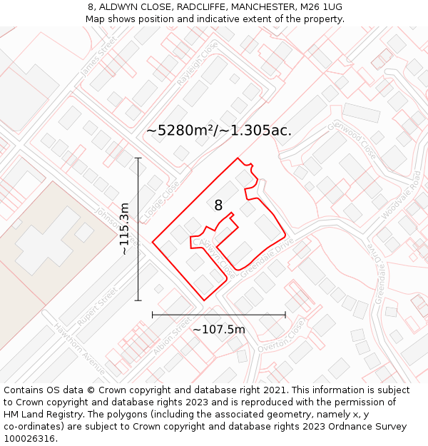 8, ALDWYN CLOSE, RADCLIFFE, MANCHESTER, M26 1UG: Plot and title map