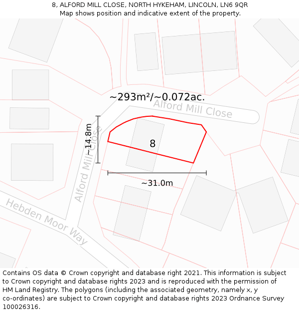 8, ALFORD MILL CLOSE, NORTH HYKEHAM, LINCOLN, LN6 9QR: Plot and title map