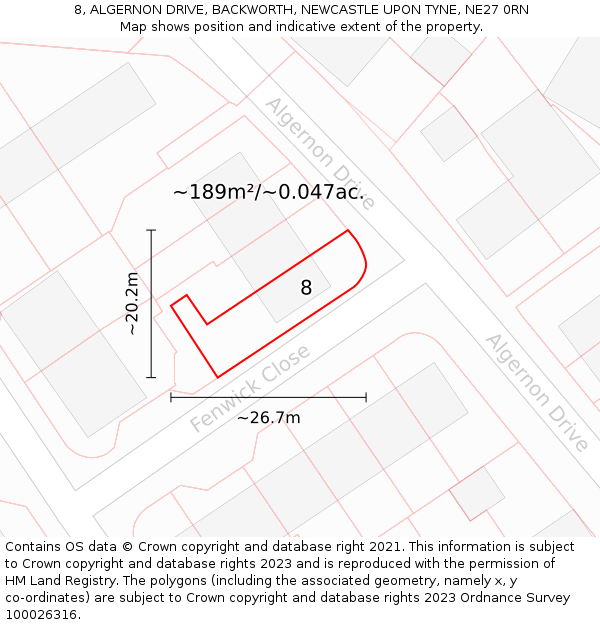 8, ALGERNON DRIVE, BACKWORTH, NEWCASTLE UPON TYNE, NE27 0RN: Plot and title map