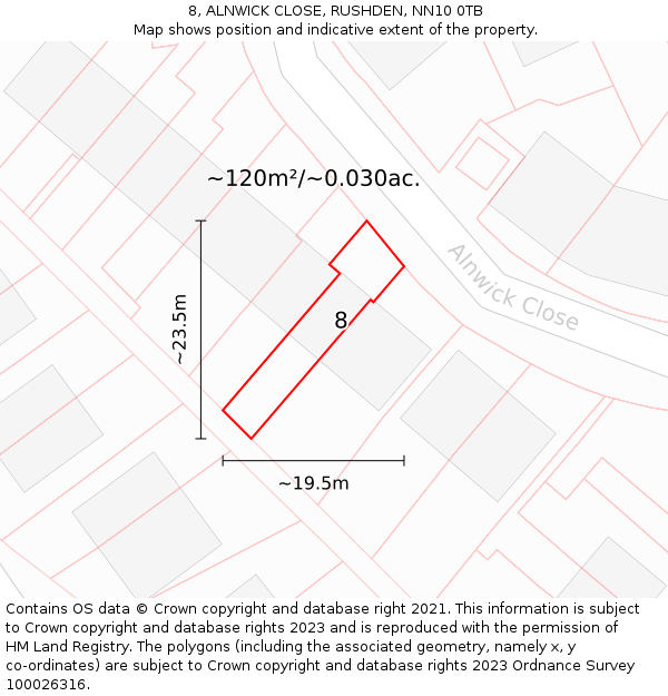 8, ALNWICK CLOSE, RUSHDEN, NN10 0TB: Plot and title map